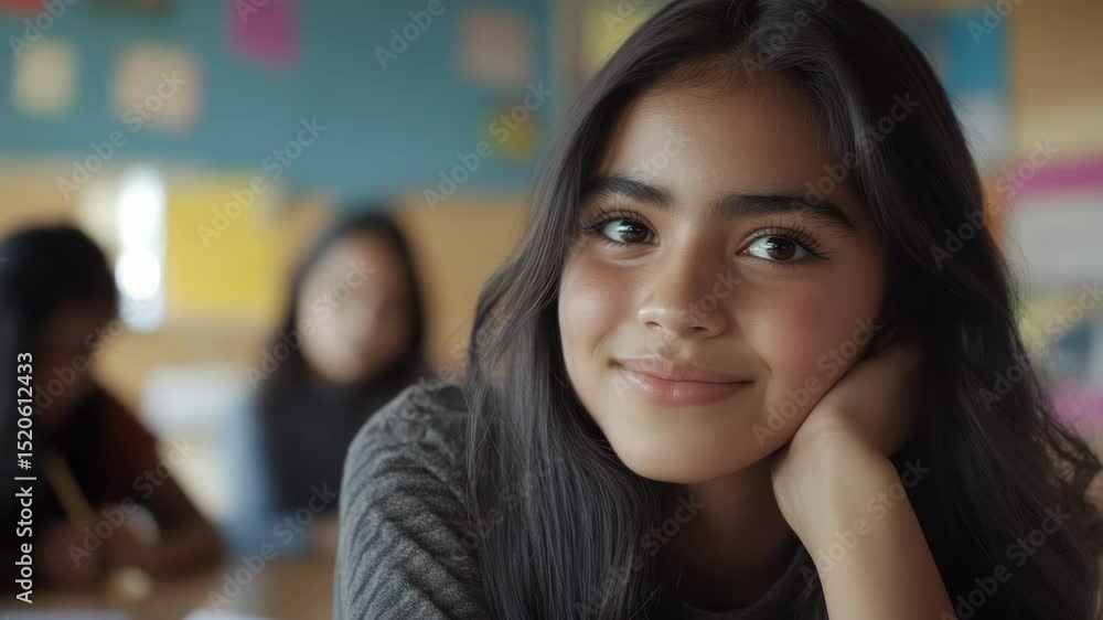 Close up Portrait of a Smiling Young Student with Long Dark Hair in a Classroom with Other Students and an Academic Setting Close up Portrait of a Smiling Young Student with Long Dark Hair in a Classroom with Other Students and an Academic Setting