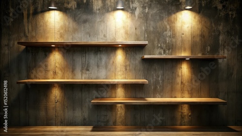 Desolate wall with bare wooden shelves against a dimly lit background