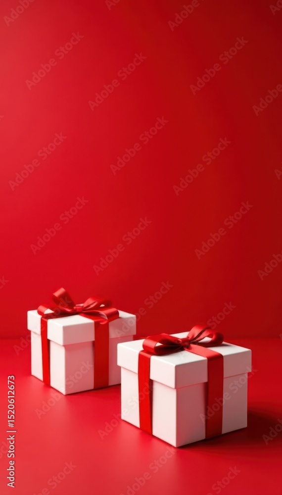 Obraz premium Simple Christmas gift boxes, red & white, ribbon bows, red background , winter, xmas