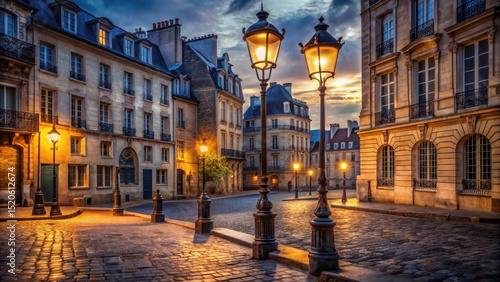 Fototapeta Naklejka Na Ścianę i Meble -  Evening illumination of a Parisian street with tall lampposts standing guard over the cobblestone pavement and historic buildings
