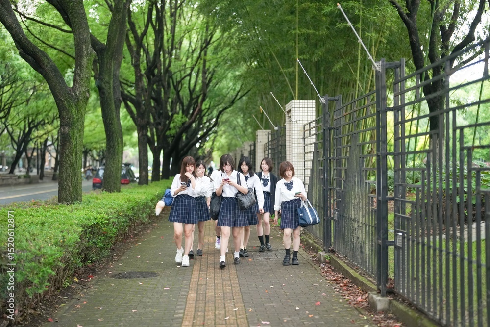 Fototapeta premium In early June in Pudong, Shanghai, seven Japanese high school girls in summer uniforms walk together down a city street, smiling and chatting as they head to school under the soft morning sunlight.