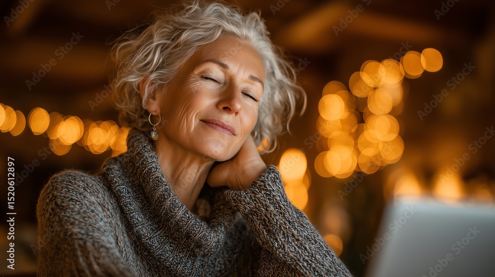 Senior woman with neck pain video calling orthopedic specialist from home using laptop, warm inviting lighting with copy space left Senior woman with neck pain video calling orthopedic specialist from home using laptop, warm inviting lighting with copy space left
