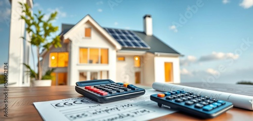 Modern house with solar panels, calculator & paperwork on table,  electricity,  property