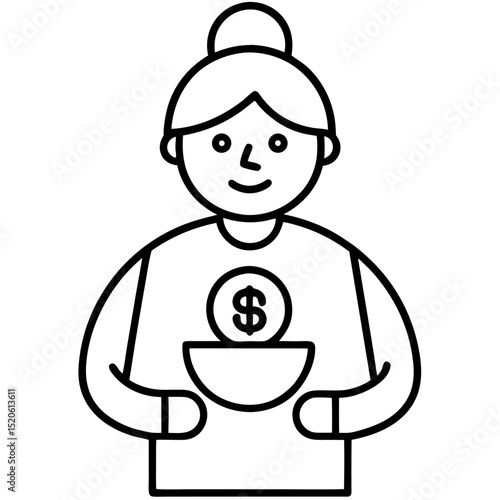 Icon design depicting a person with pension savings representing financial security retirement planning and investment for the future with money and