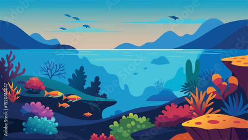 Ocean underwater scene with coral reef and fish illustration