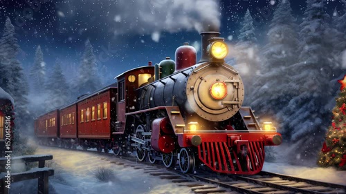 An old-fashioned steam railroad train travels through a snowy winter landscape on a Christmas Eve, surrounded by pine trees and a decorated holiday tree in the background