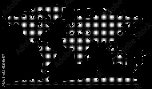 Dotted vector world map on black background with detailed geographic representation of every continent. Ideal for cartography, infographics, or presentations. Dotted world map in country boundary