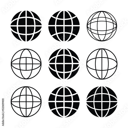 Globe and World Grid Silhouette Icon Set