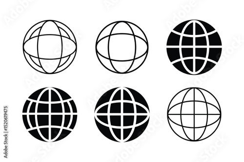 Globe and World Grid Silhouette Icon Set