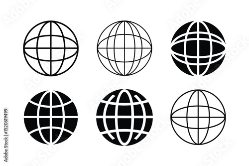 Globe and World Grid Silhouette Icon Set