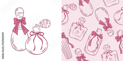 Vintage pattern with perfume bottles and bows