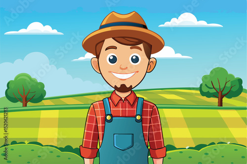 Cheerful illustration of a farmer standing in a vibrant field. Showcasing agriculture, farmland, and rural charm under a bright sky, it conveys happiness and a connection to nature.
