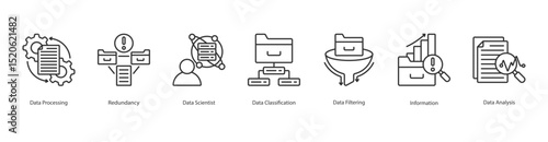 Data Processing banner web icon set vector illustration concept with icon of data processing, redundancy, data scientist, data classification, data filtering, information, data analysis