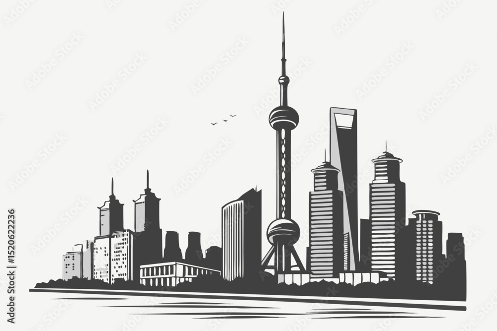 Obraz premium A black and white cityscape illustration showcases a modern city's skyline with towering skyscrapers and lush green trees lining a road.
