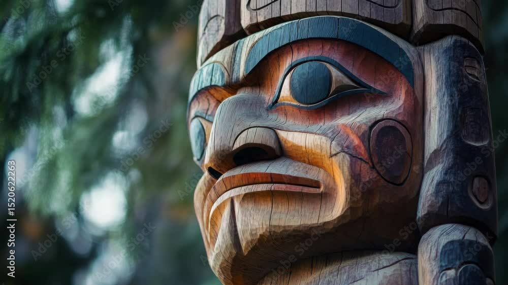 Detailed Wooden Totem Pole with Carved Face in Natural Light Against Blurred Green Background Depicting Indigenous Culture Detailed Wooden Totem Pole with Carved Face in Natural Light Against Blurred Green Background Depicting Indigenous Culture