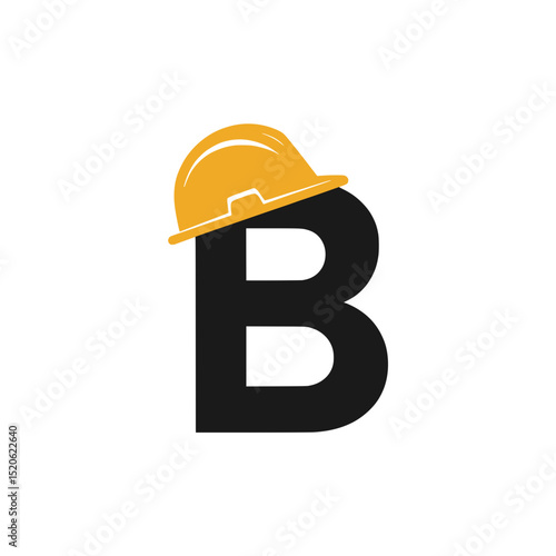Construction Letter B Logo with Hard Hat, Creative black letter B design featuring a yellow hard hat, representing construction, labor, or building company branding concepts.

