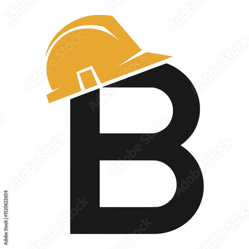 Construction Letter B Logo with Hard Hat, Creative black letter B design featuring a yellow hard hat, representing construction, labor, or building company branding concepts.

