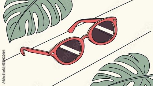 Red sunglasses tropical leaves summer vibe aesthetic vacation accessories fashion eyewear trendy style design