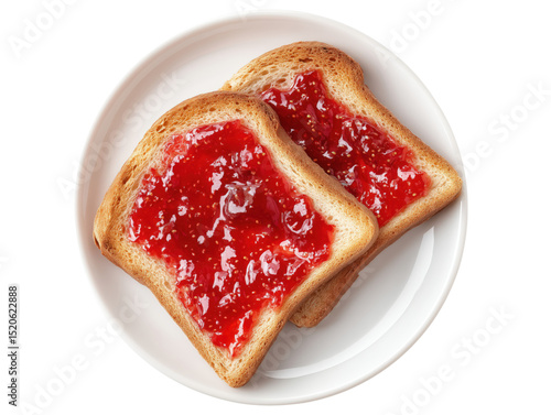Two Slices of Toast with Strawberry Jam on White Plate Isolated on White Background for Breakfast Concept
