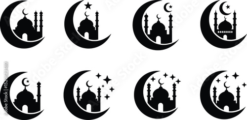 Crescent Moon Mosque Vector Illustration Set