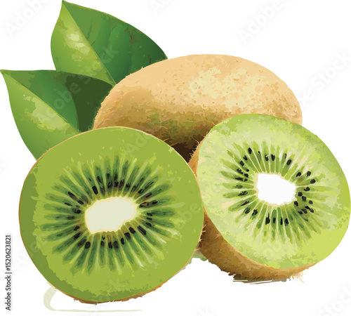 Colorful kiwi fruit with leaves  icon  vector illustration on transparent background.