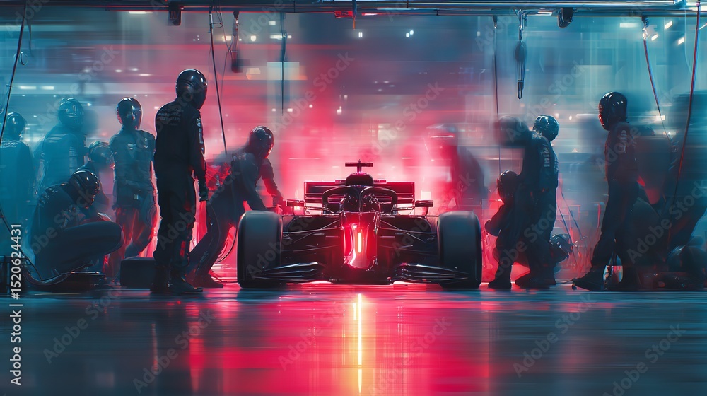 Obraz premium Dramatic Formula One Race Car Pit Stop Night Scene Digital Art Red Blur Team Blue Neon Glow Dark 