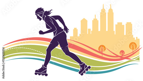 Woman inline skating illustration vector design fitness sport recreation activity cityscape background 100
