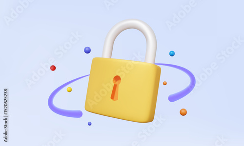 3D vector yellow padlock icon floating on pastel background. technology personal security protection privacy symbol password website secret device unlock login. illustration
