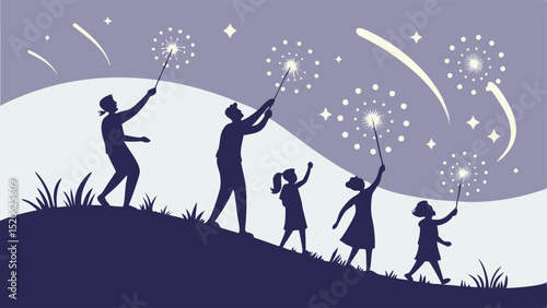 Family celebrating with sparklers at night vector illustration festive celebration holiday fun happy time