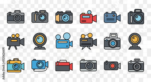 Collection of Colorful Camera and Camcorder Icons Photography, Videography, and Filmmaking Illustrations