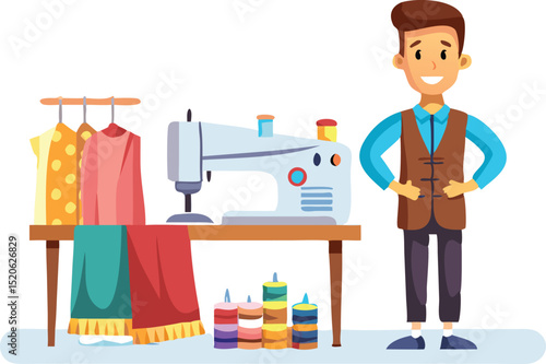 Tailor Working with Sewing Machine, Colorful Fabrics, and Tools