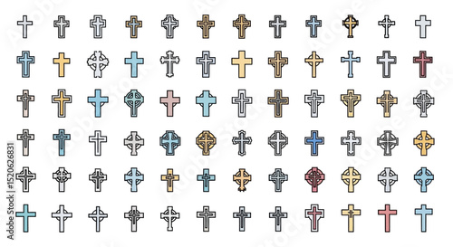 Collection of Diverse Christian Cross Icons  Various Styles and Colors for Design Projects