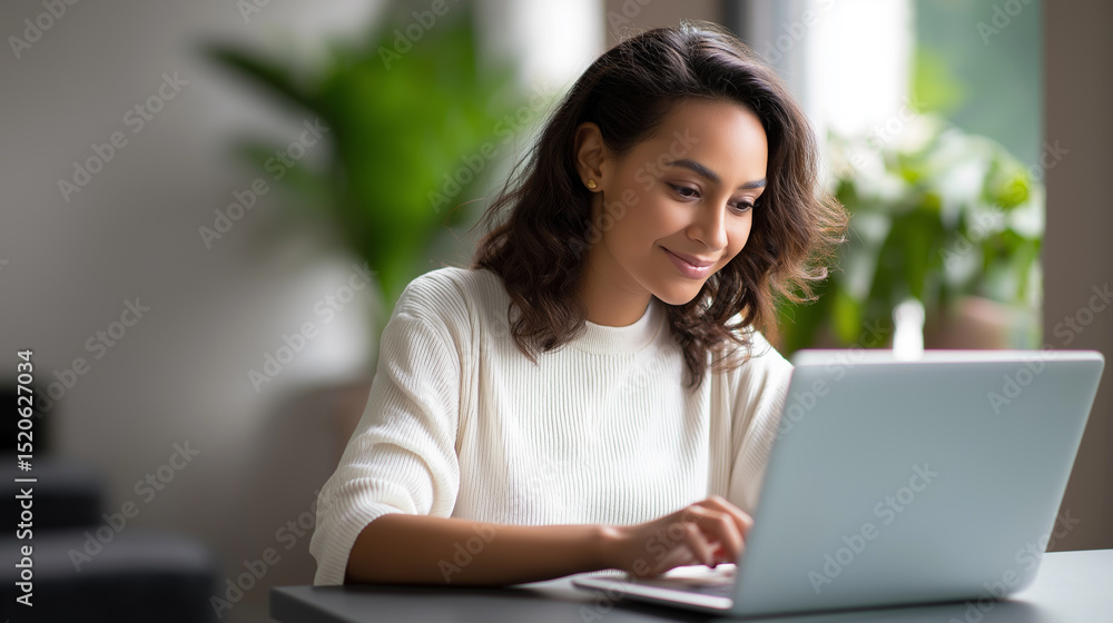 Smiling woman working on laptop at home in bright natural light.
Smiling woman working on laptop at home in bright natural light.
