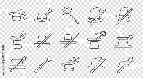 Magical Hat and Wand Icons A Collection of Enchanting Line Art Graphics