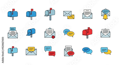 Mail, Envelope, and Message Icons A Colorful Collection of Communication Graphics