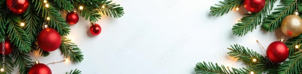 Spruce branches, red & gold ornaments, twinkling lights White background Festive Christmas frame , image, decorations, celebration Spruce branches, red & gold ornaments, twinkling lights White background Festive Christmas frame , image, decorations, celebration