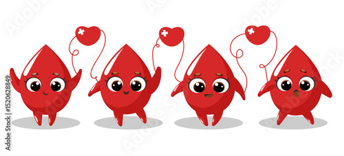 World Blood Donor Day. 14 June.  Cute Blood Drop Characters with Heart. Vector illustrations on a white background. Blood Donation Concept