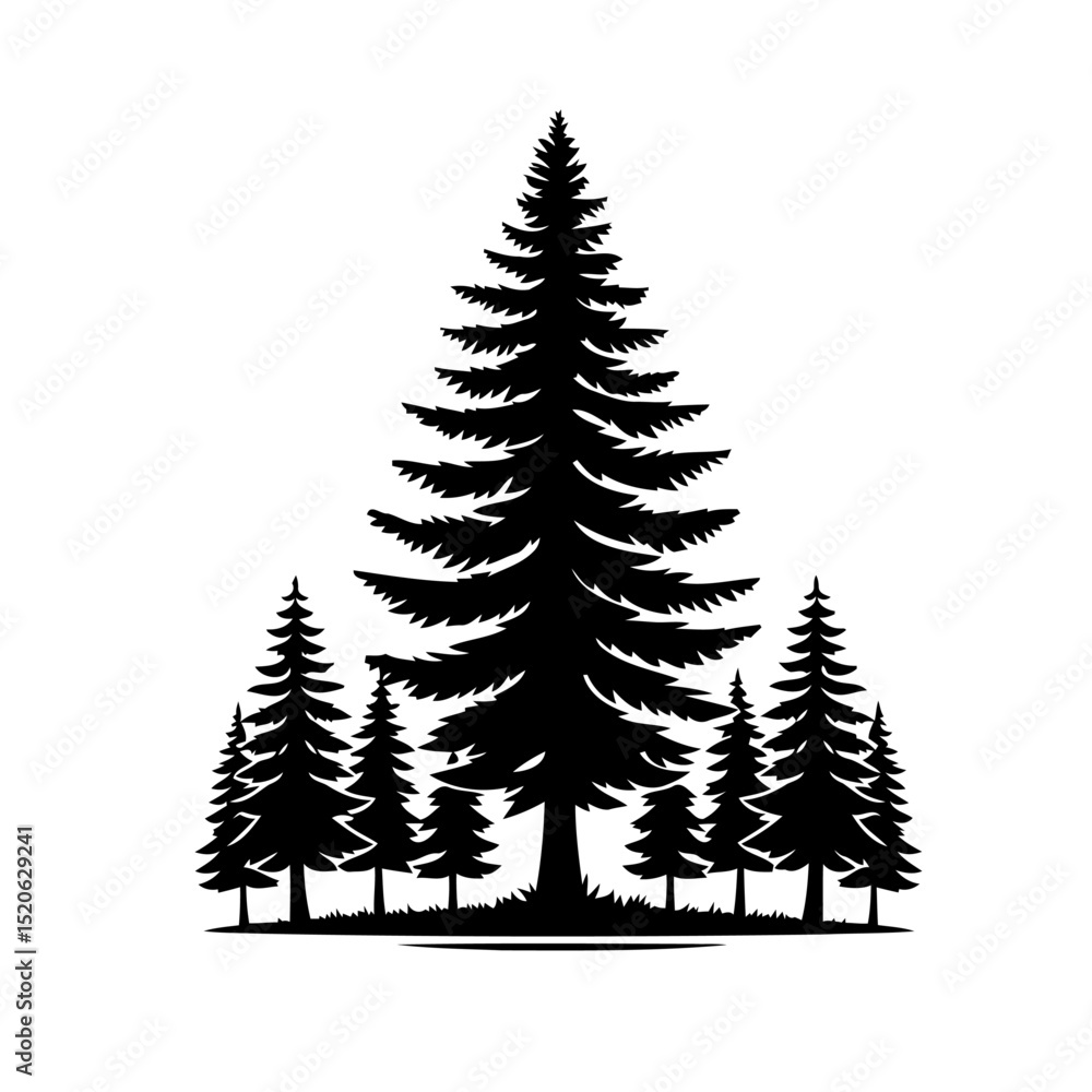 Obraz premium Majestic Pine Tree Silhouette: Black and White Forest Graphic