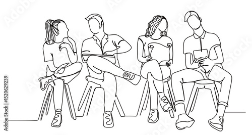 continuous one line art of a group of men and women sitting discussing their work. work team. vector illustration with white background