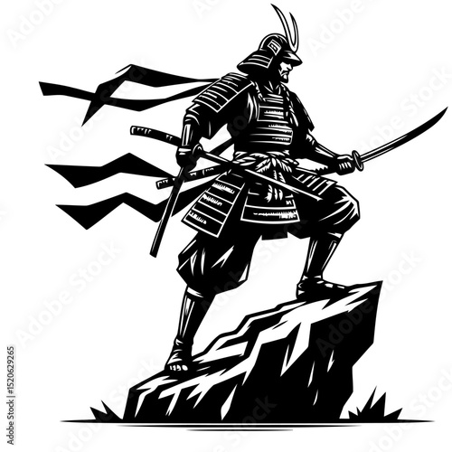 Samureps Warrior: A Japanese Cultural Icon.  A powerful black and white vector illustration of a brave samureps, katana in hand, embodying Bushido's spirit.