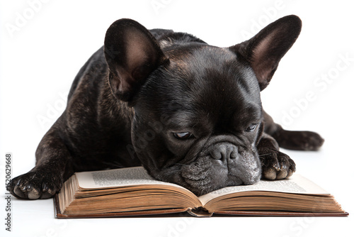 a dog is laying down on a book