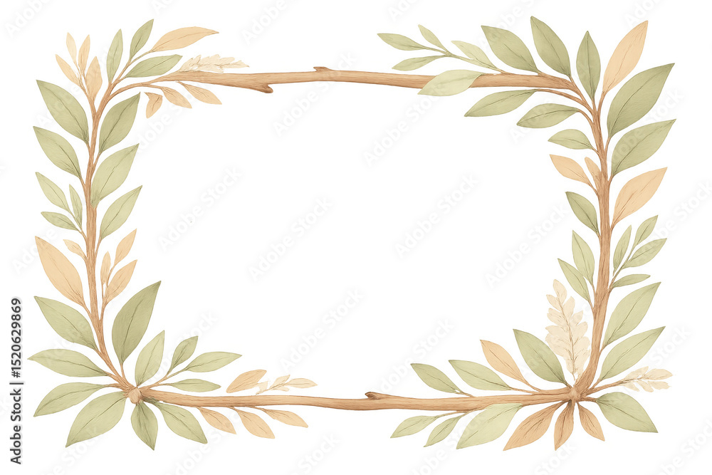 Naklejka premium Natural wooden branch frame bordering transparent backdrop, featuring interwoven twigs and green leaves creating organic design element