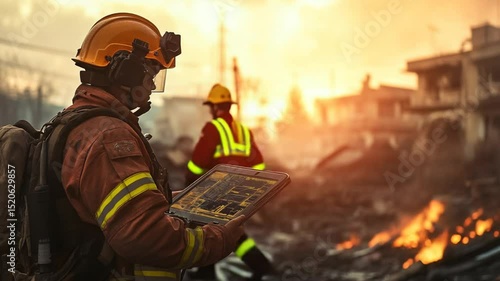 Firefighter using digital tablet in rescue operation amidst building ruins and flames
