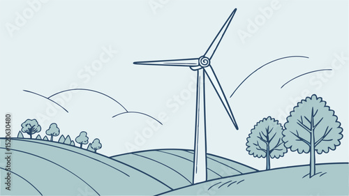 Wind turbines generate green electric power in a vast renewable energy farm under a blue sky, symbolizing sustainable technology and environmental harmony
