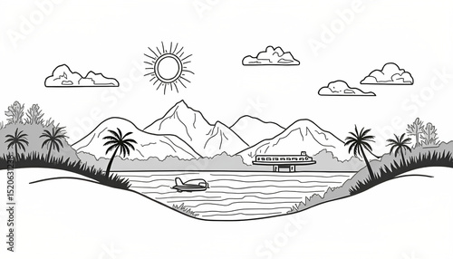 Summer travel Silhouette Line Art icon set. holiday tour icons for app and website containing hotel sun camp mountain drink plane island. black and white