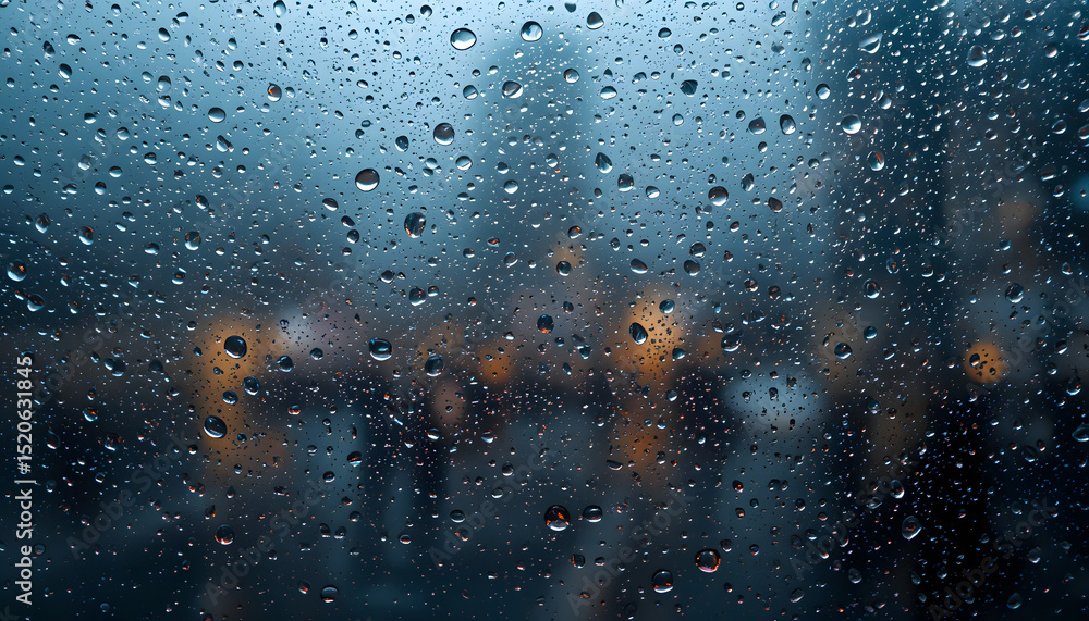 Obraz premium Rainy Cityscape Viewed Through Window: Raindrops cling to a windowpane, blurring the lights and shapes of a rainy cityscape at night, creating a moody and atmospheric scene.