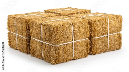 Four tightly compressed square bales of golden straw, expertly tied, arranged closely together on a pure white surface. Ideal for showcasing farming practices, feed, or natural building materials