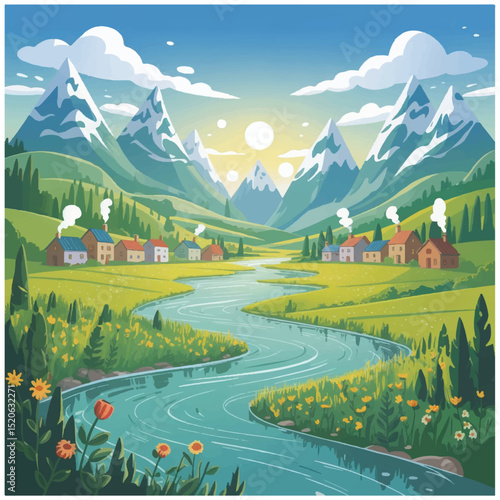 natural scenery home tree river ghat sun cartoon 25.eps