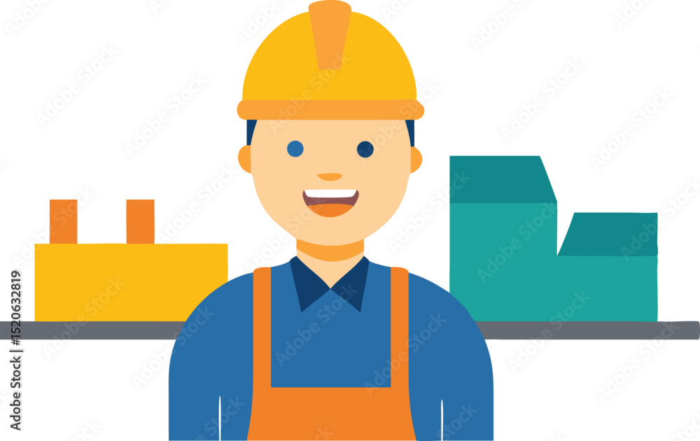 An illustration of a cheerful worker in protective gear stands proudly before a bustling factory, embodying industry, safety, and dedication to construction in a dynamic setting. An illustration of a cheerful worker in protective gear stands proudly before a bustling factory, embodying industry, safety, and dedication to construction in a dynamic setting.