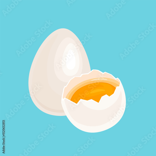 White chicken eggs whole and half of egg with yolk isolated on blue background. Vector cartoon flat illustration. Healthy food icon